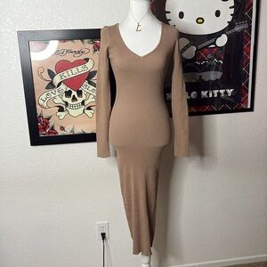 Tan Ribbed V Neck Maxi Dress